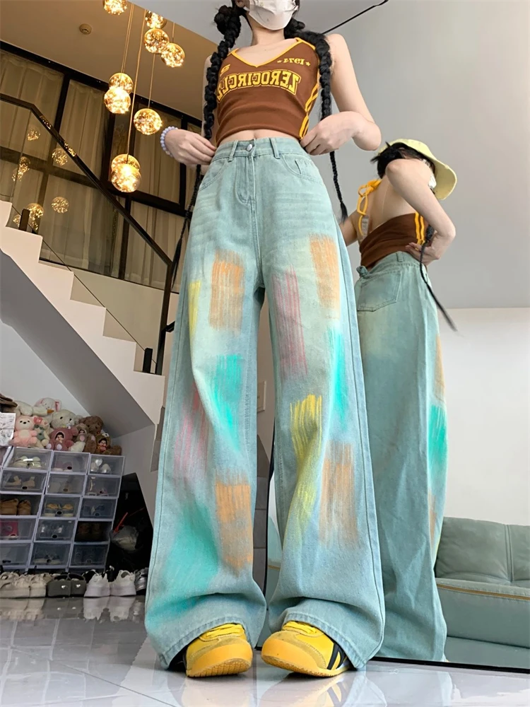 

Women's Colorful Tie Dye Gradient Wide Leg Jeans Summer Girl High Waist Bottoms Thin Pants Female Printed Baggy Denim Trousers