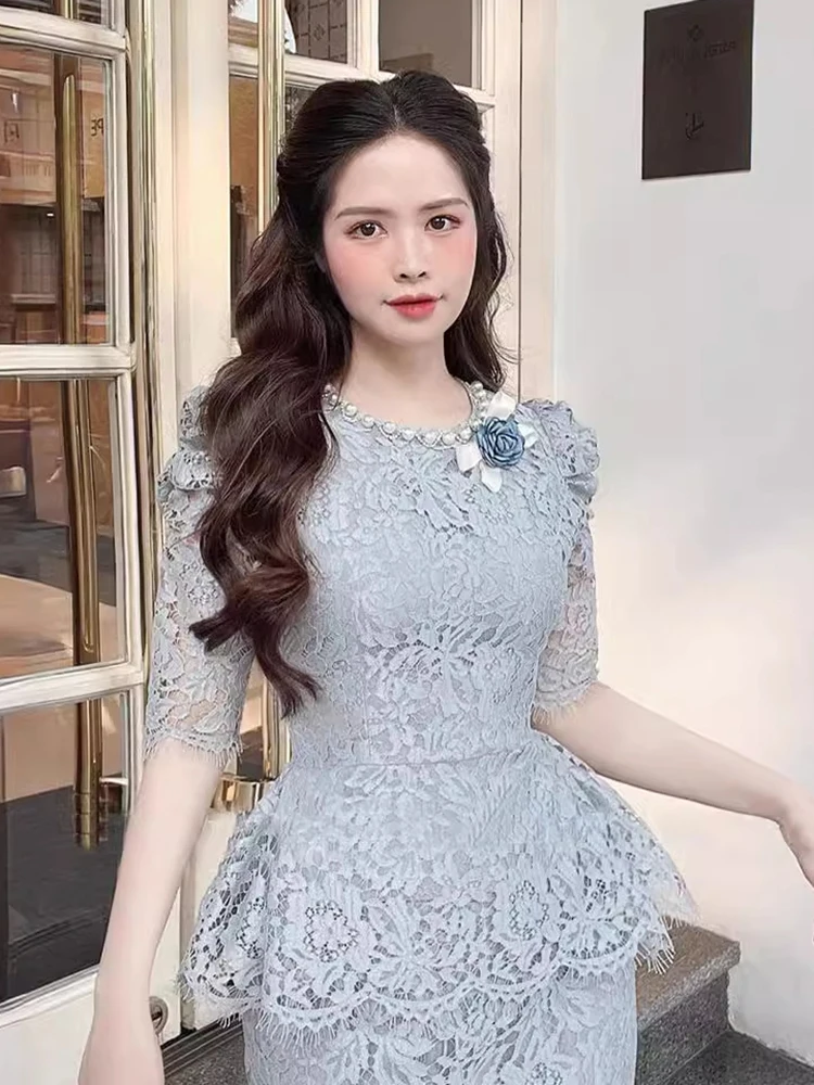 DEAT Elegant 2 Pcs Set Patchwork Pearl Diamond Lace 3D Flower Hollow Out Top Waist Slim Skirt Suit Summer 2024 New Tide 13DB5163