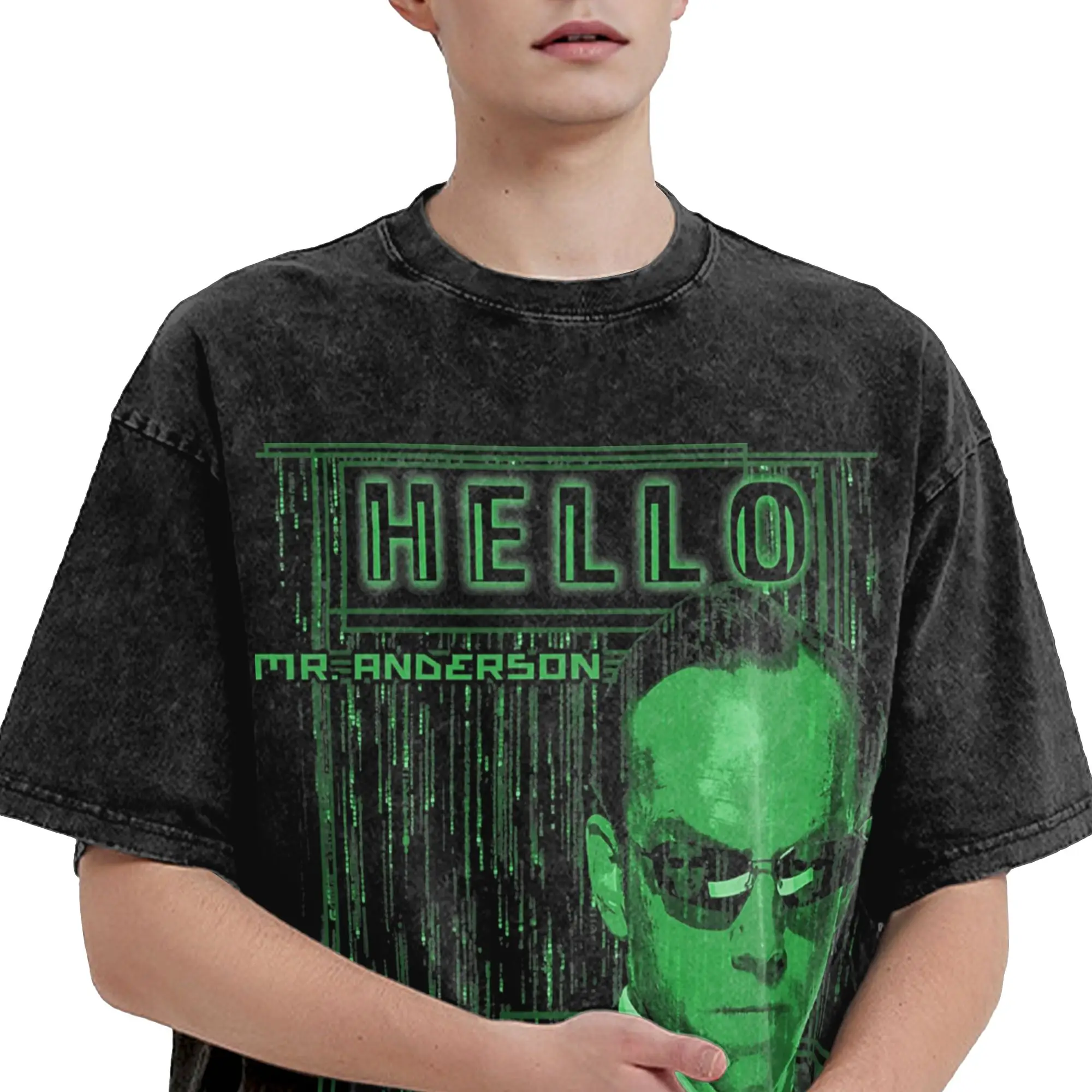 Graphic Printed The Matrix Agent Smith Hello Mr Anderson Code Drop  Washed Shirt Merch Oversize T-Shirts  Men Women Tee