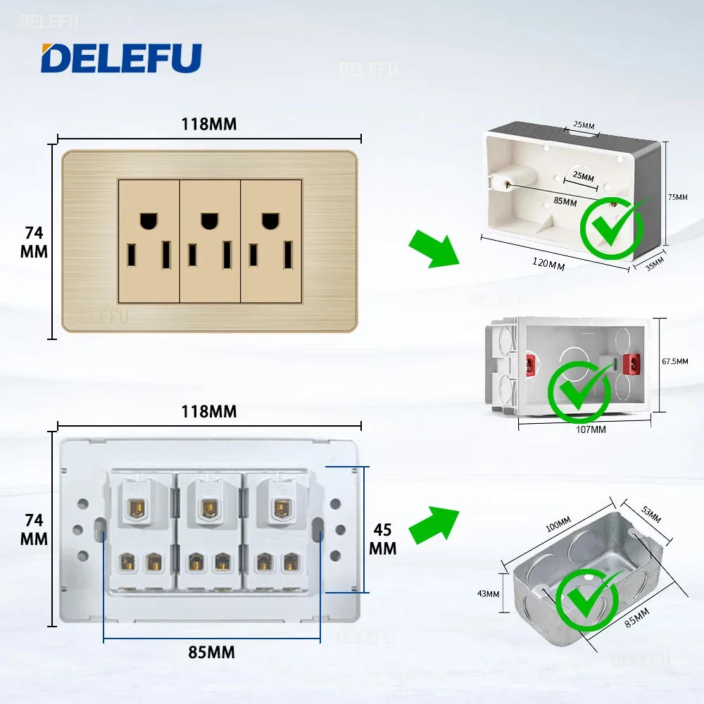 DELEFU- Stainless Steel Gold Panel Series American Standard Switch Socket Computer USB Type C Wall Power Socket