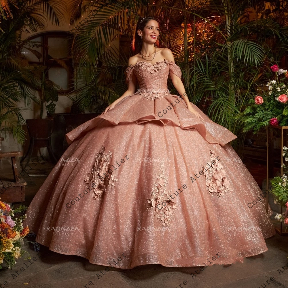 Glänzende Perlen 3d Blumen Quince anera Kleider Ballkleid 2024 von der Schulter Tüll süße sechzehn Kleid Brautkleider Vestidos