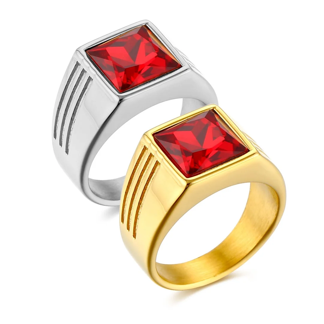

Luxury Men's Ring 13mm Large Gold Silver Color Stainless Steel Red Crystal Zircon Big Square Rings for Man Jewelry Dropshipping