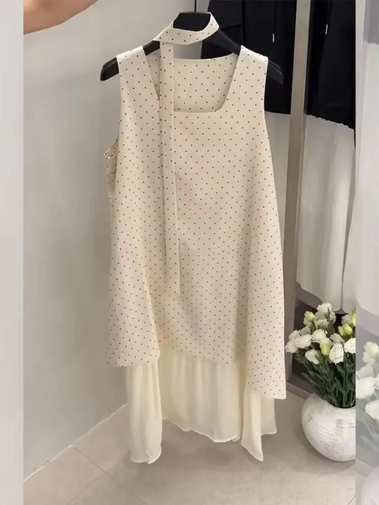 

plus Size 300 Pounds Women's Summer Slimming Polka Dot Sleeveless Dress Square Collar Straight Tube Skirt Mid-Length Korean S...