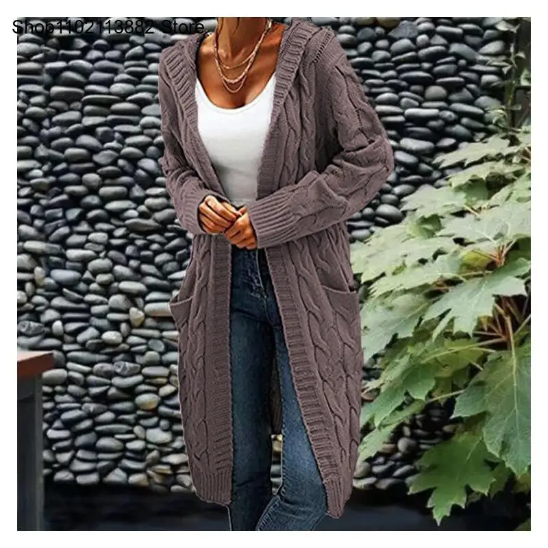 Casual Loose Hooded Twisted Flower Knitted Sweater, Medium To Long Women's Cardigan Jacket