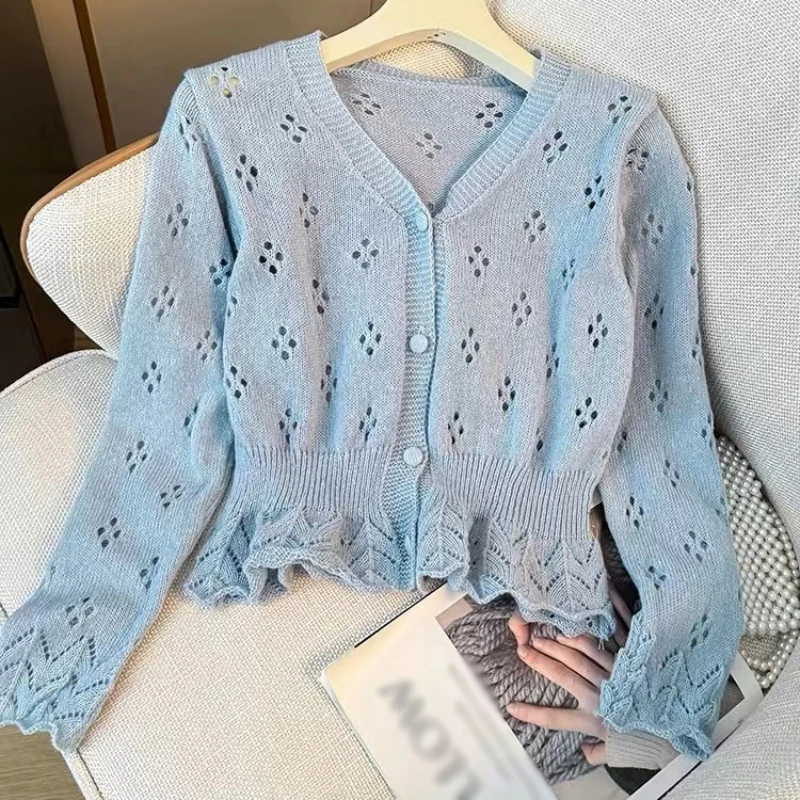 Autunno signore maglioni Cardigan Kawaii blu scollo a v viola carino maglia maglia Top per le donne Y2k Vintage Crochet freddo inverno tendenza