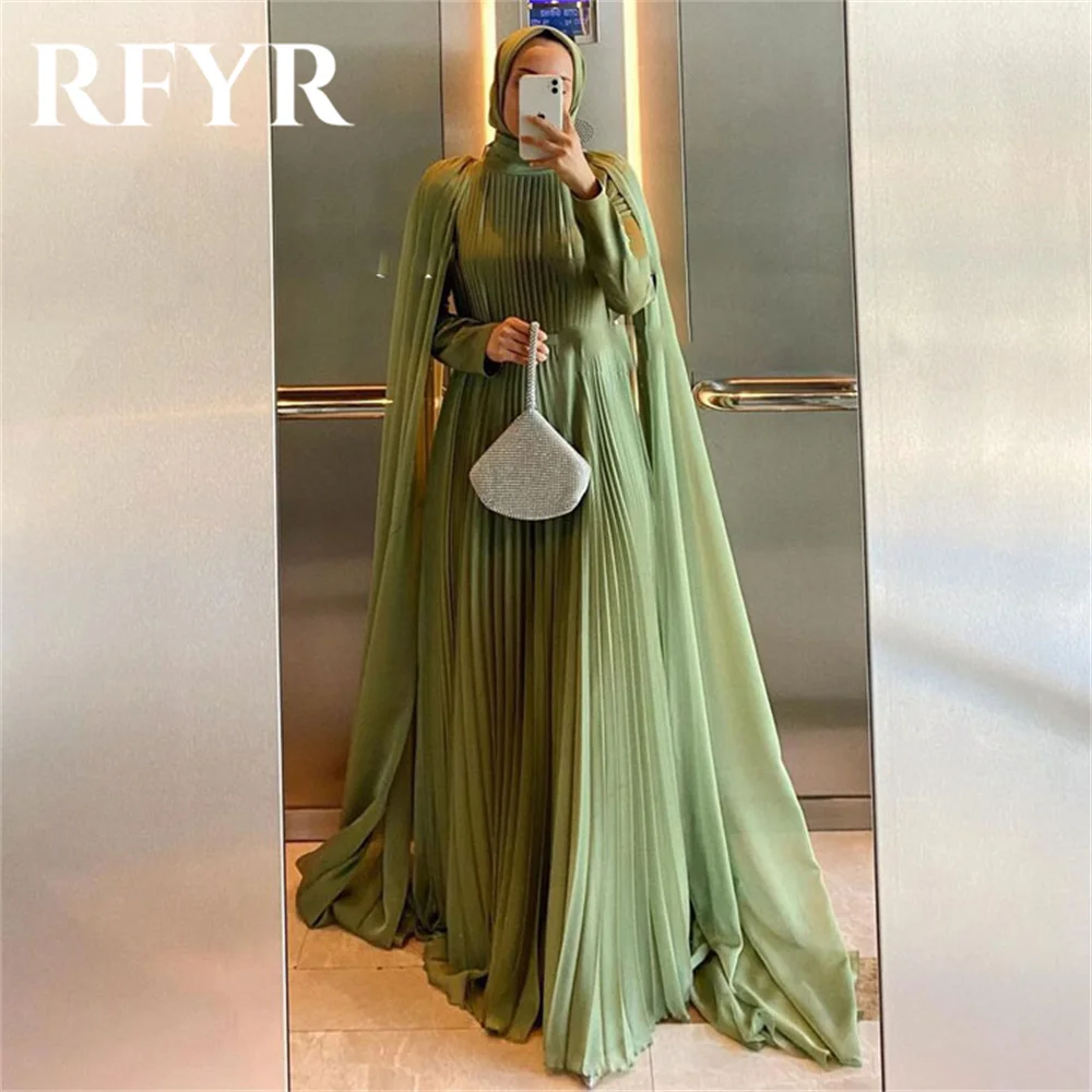 

RFYR Elegant Dubai Green Evening Dress with Scarf Beach Arabic Israel Prom Dress High Long Formal Women Party Gown Customized