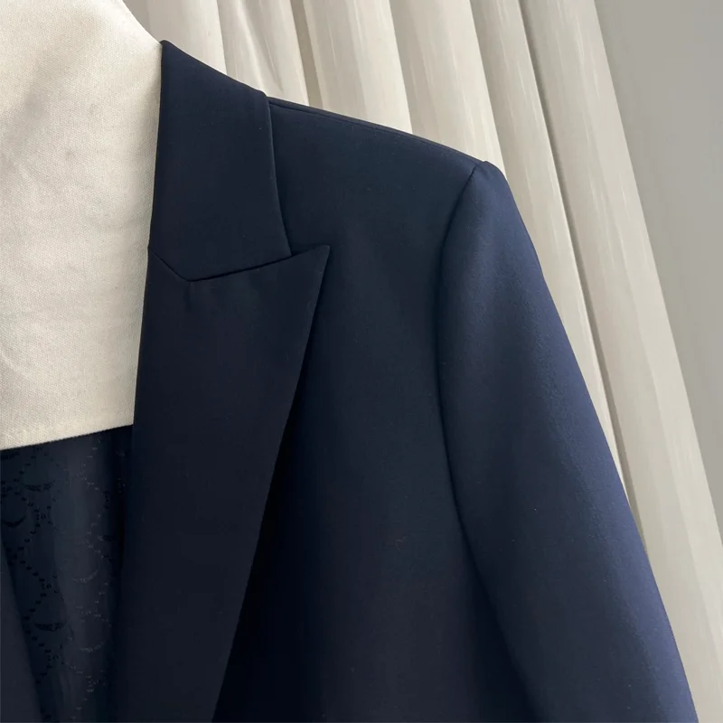 الأزرق الداكن الدعاوى النساء عارضة الصلبة الحلل السيدات التلبيب معطف طويل الأكمام جيب قمم الإناث السترة زر جيب معاطف