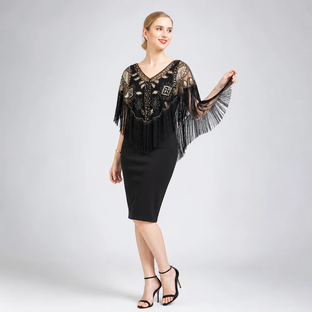 New Mesh Wrap Sequined Shawl Sheer See Through With Tassel Flapper Shawl Cloak Tulle Shawl Fringe Shawl Women