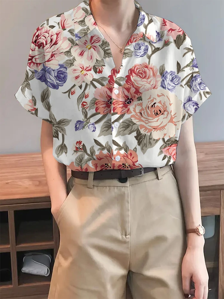 Women\'s Printed Button Shirt Summer Elegant Lapel Short Sleeve Shirt Loose Breathable Comfortable Anti-Wrinkle Spring Summer