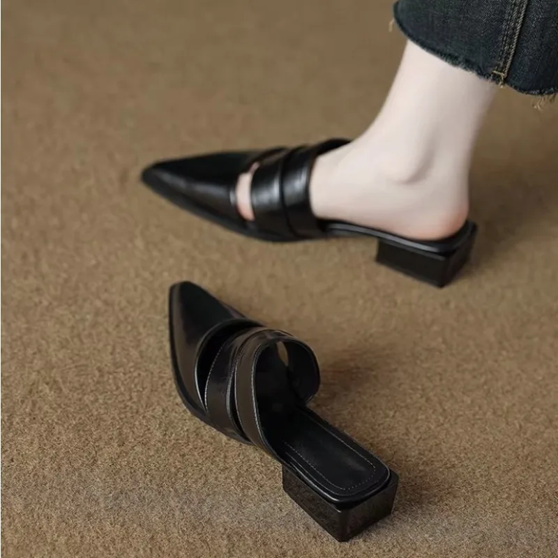 

2026 New French Chunky Heel Pointed Toe Mule Slippers Women Fashion Spring Summer Retro Shoes Scuff Slippers