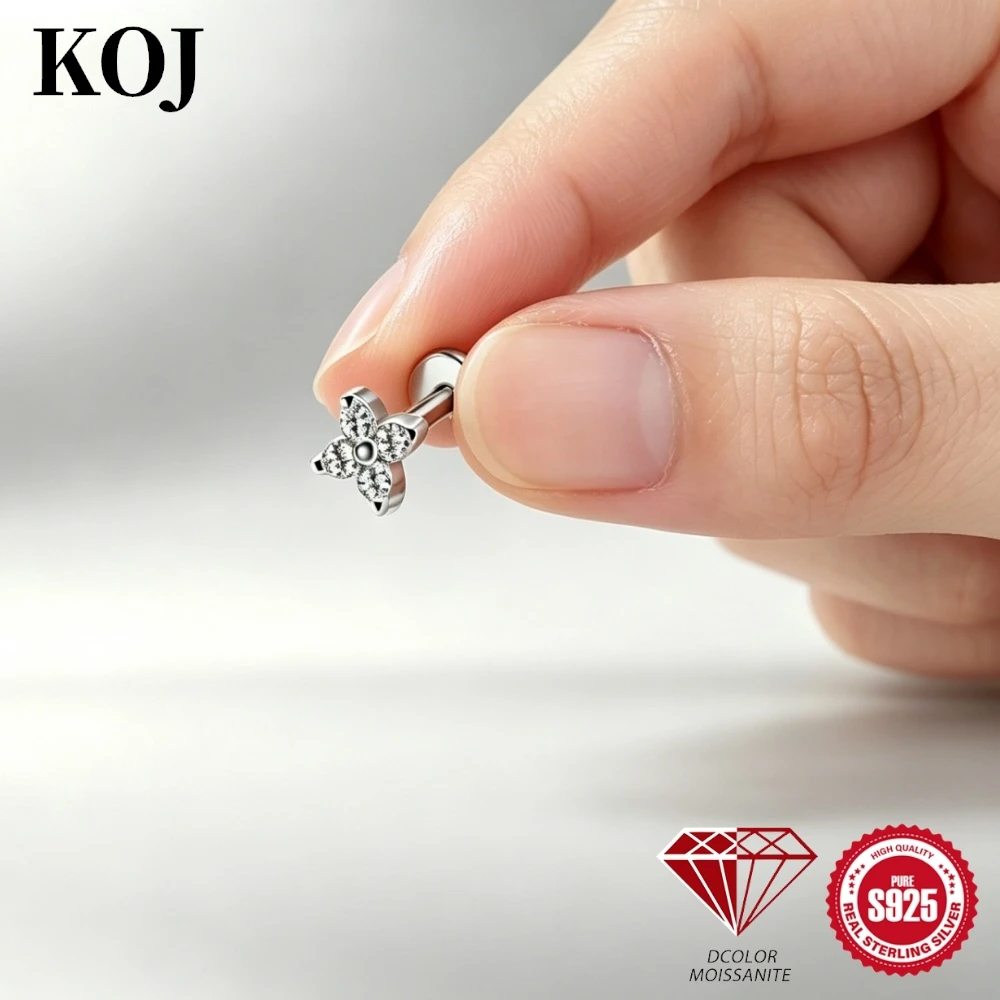 KOJ 1PC 925 Sterling Silver Classic Moissanite Stud Earring 3 Sizes Four Leaf Clover Design For Women Elegant Daily Party Gift