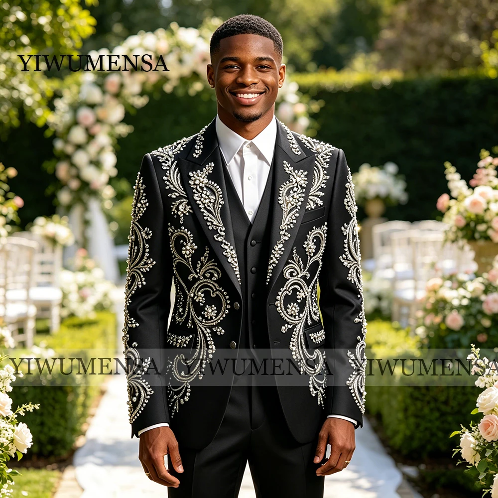 

Crystals Jewelry For Men Suit High End Rhinestone 3 Pieces Customized Groom Male Blazers Ropa hombre Luxury Slim Wedding Tuxedos