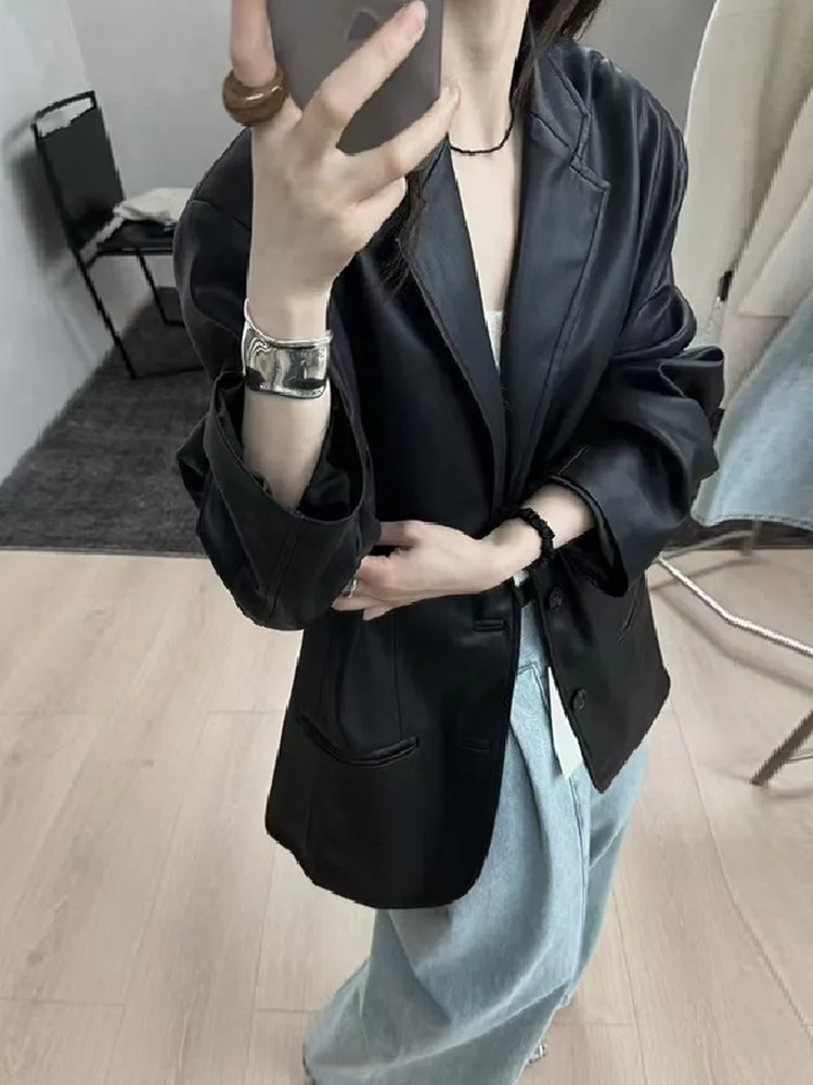 

Ретро Гонконг Sle Мотоциклетный кожаный джемпер Женский костюм с воротником Свободного кроя Осенняя верхняя одежда Long Sve Commute Faion