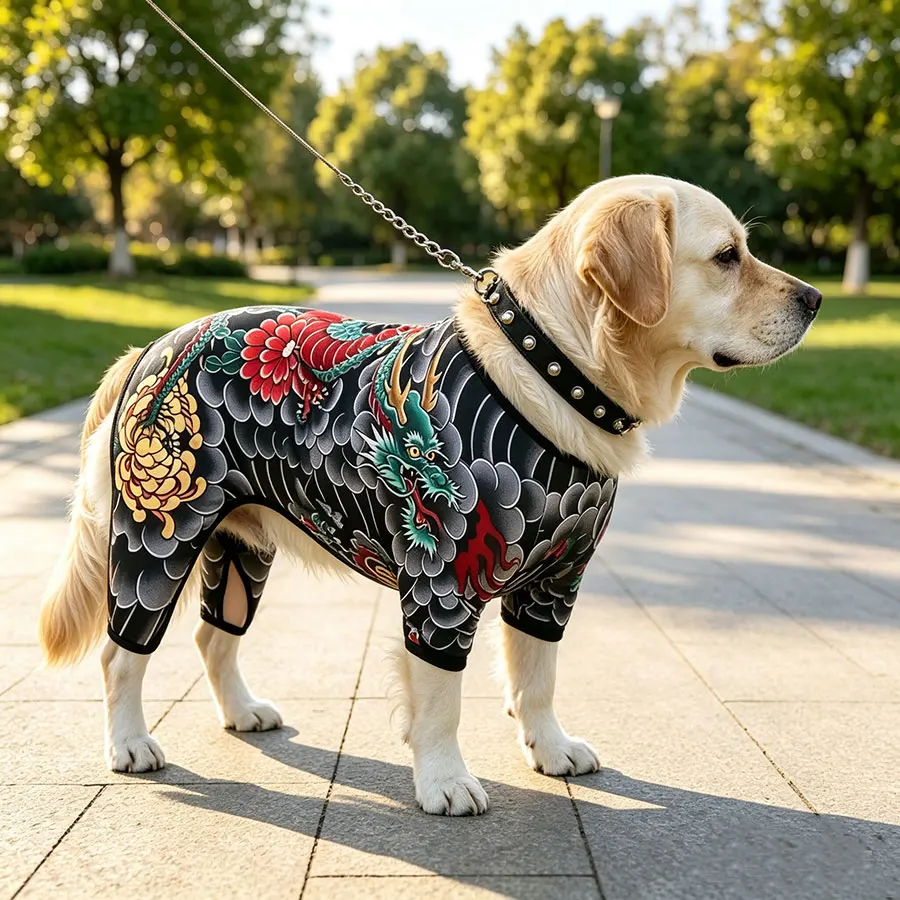 Cool Stylish Dog Tattoo Jumpsuit Flower Print 4 Legged Bodysuit Stretch Comfort Pet Clothes Full Body Cover Outfit For Dogs Cat