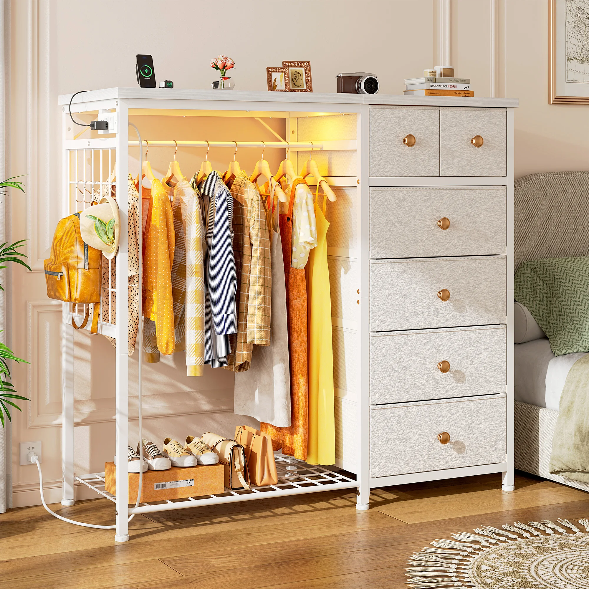 EnHomee 6-Drawer Fabric Dresser with Hanging Rack – 49.2