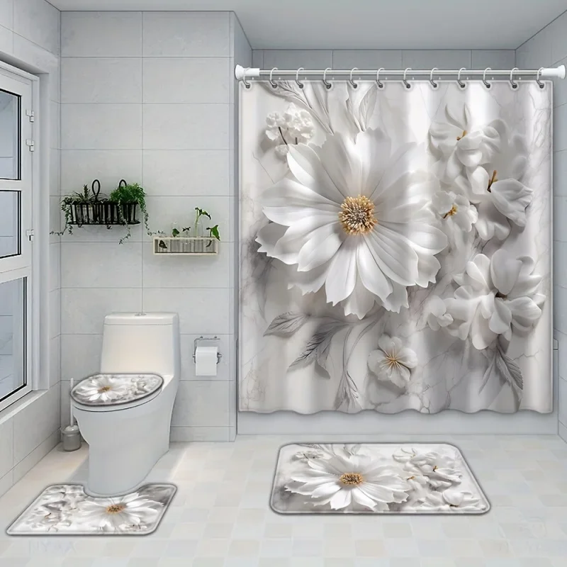 1/4pcs Flower Pattern , Bathroom Full Set Including Waterproof Shower Curtain, Non-Slip Mat, Toilet Lid Pad, U