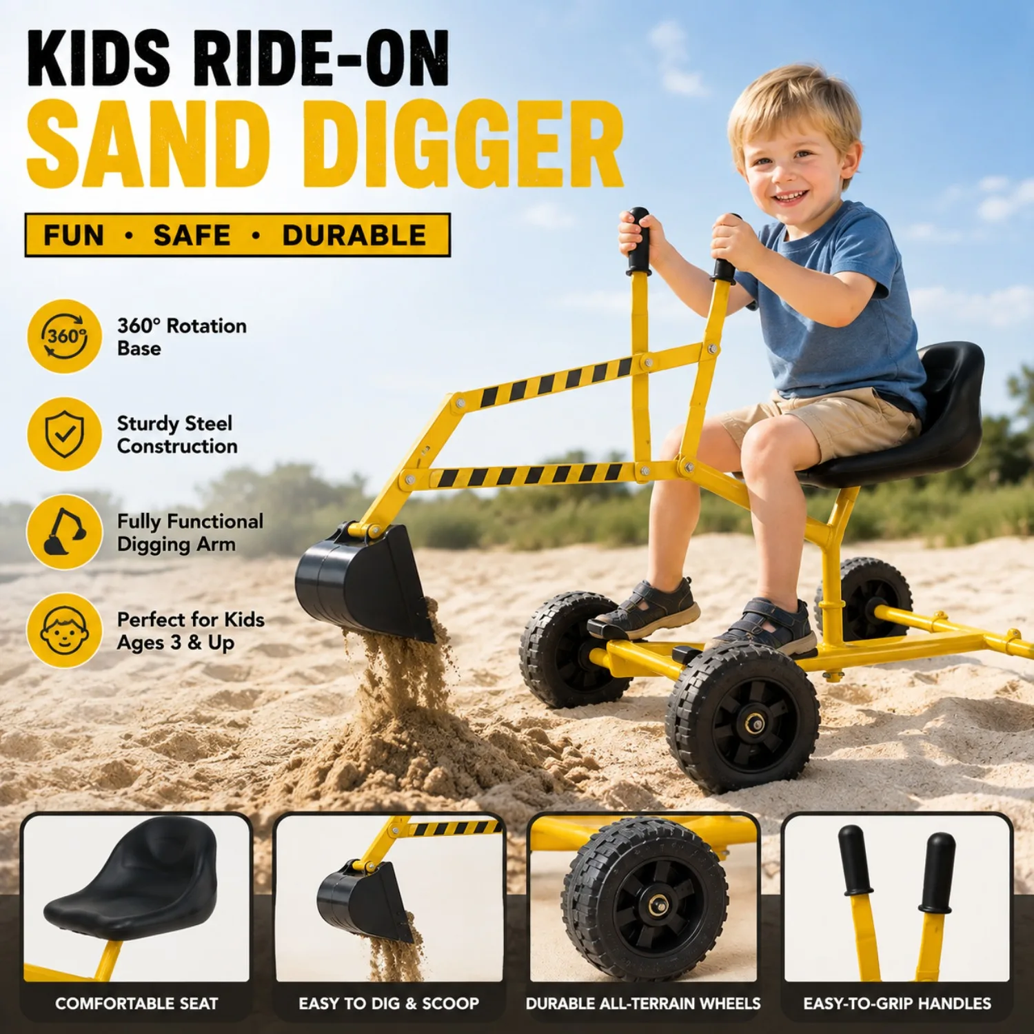 Sand Digger for Boys and girls , Excavator ride for Outdoor Playground and Beach Construction Riding Toys for Children