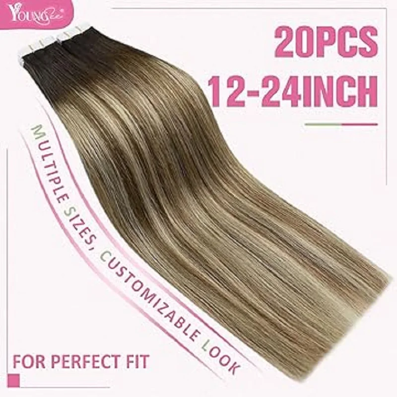 YoungSee Tape in Extensions Remy Human Hair Balayage and Highlight Color 12-24inch 20pcs 30G-50G