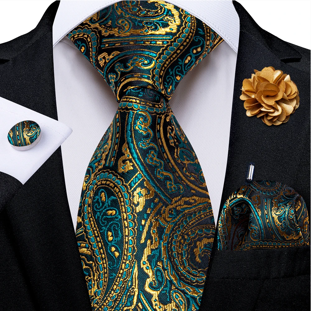 Green and Golden Paisley Silk Ties for Men Brooch Pin Handkerchief Cufflinks Business Wedding Party Suits Groom Accessories Gift