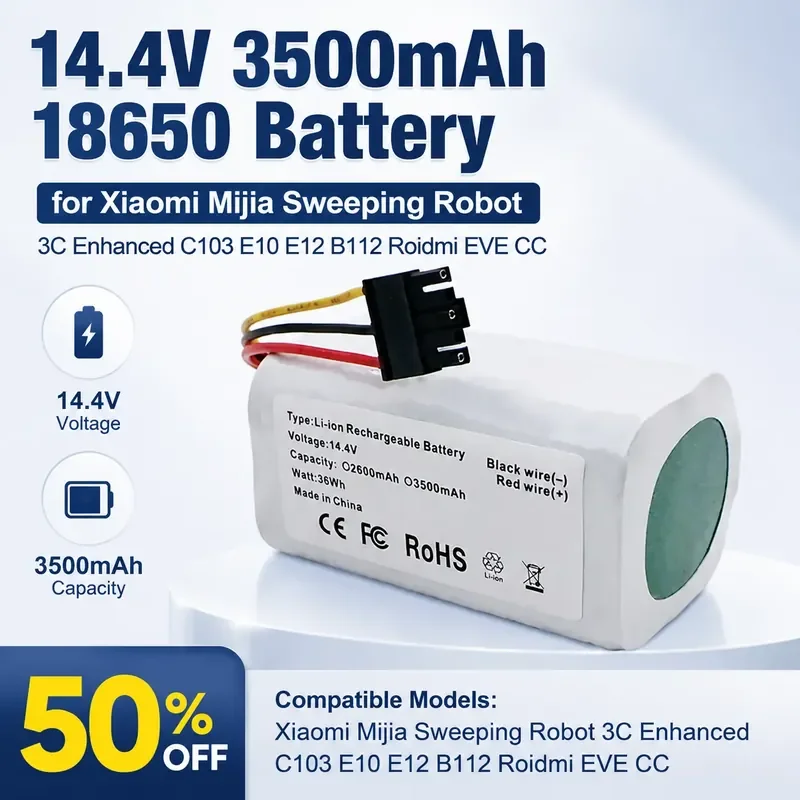 

14.4V 3500mAh 18650 Battery for Xiaomi Mijia Sweeping Robot 3C Enhanced C103 E10 E12 B112 Roidmi EVE CC