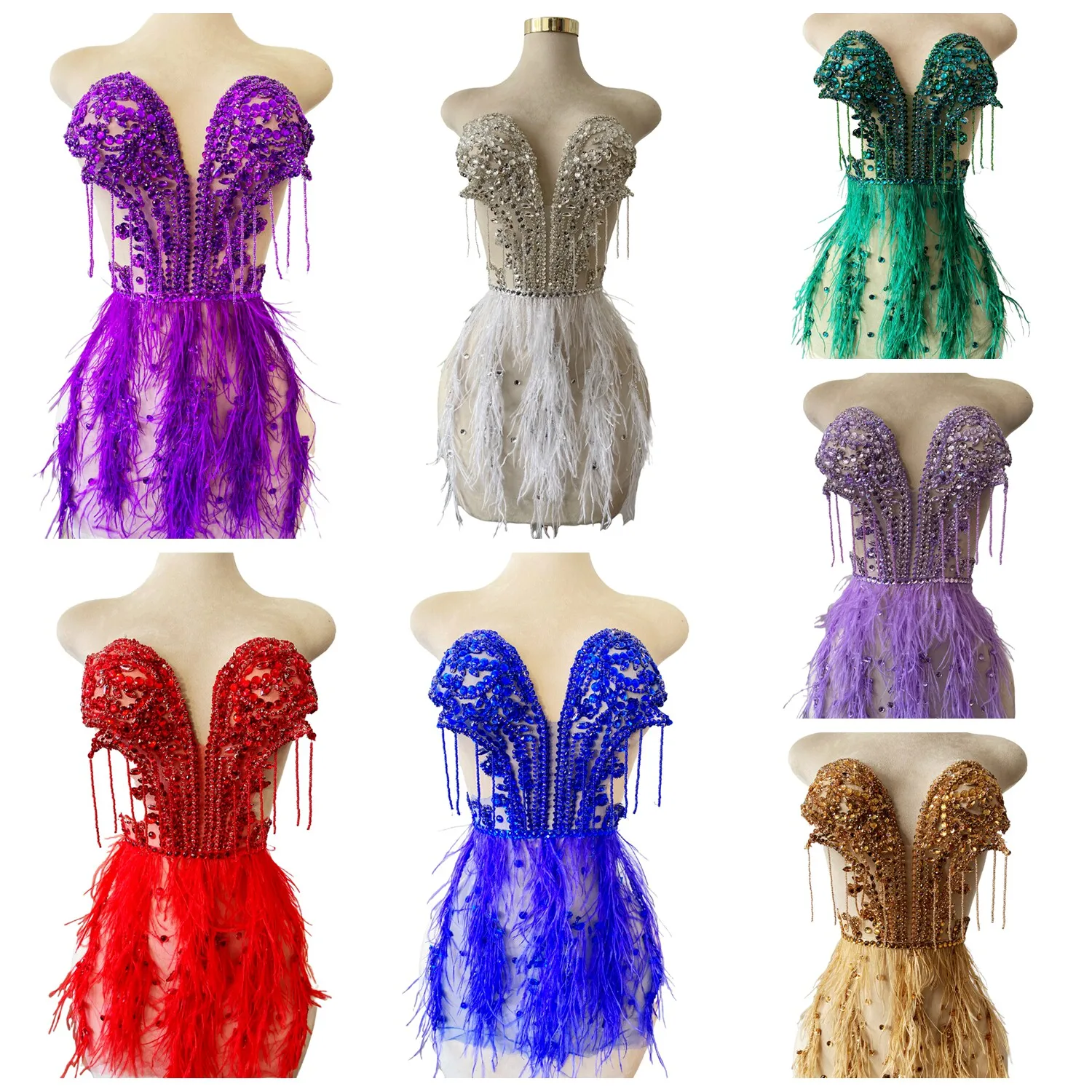 14 Colors Beaded Tulle Apparel Decoration Sweetheart Evening Dress Fabric Handmade Diamond Ostrich Feather Accessories Material