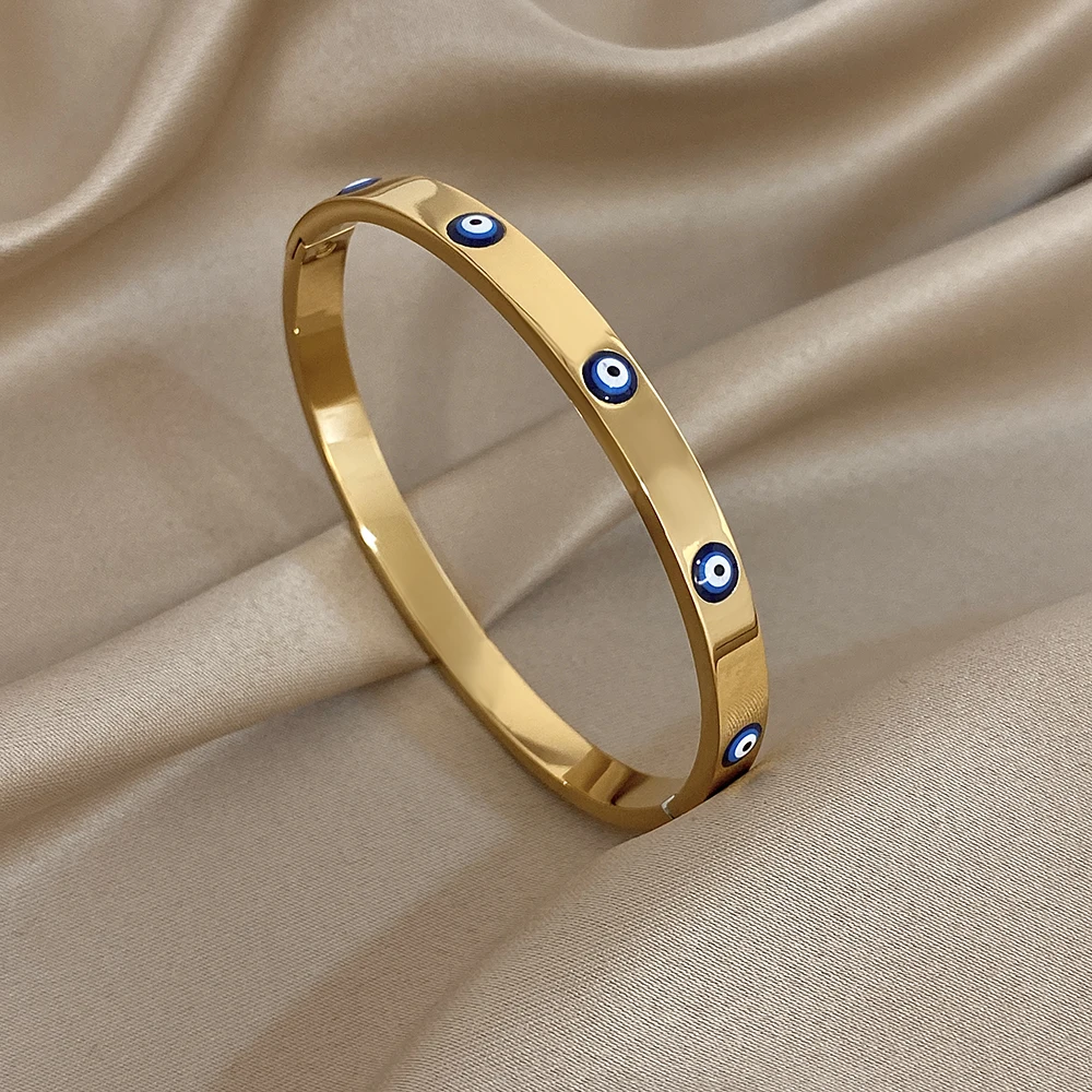 Neue Türkische Böse Augen Strass Edelstahl Manschette Armband Armreif Für Frauen Mode Vergoldet Wasserdicht Charme Schmuck – Detail 8