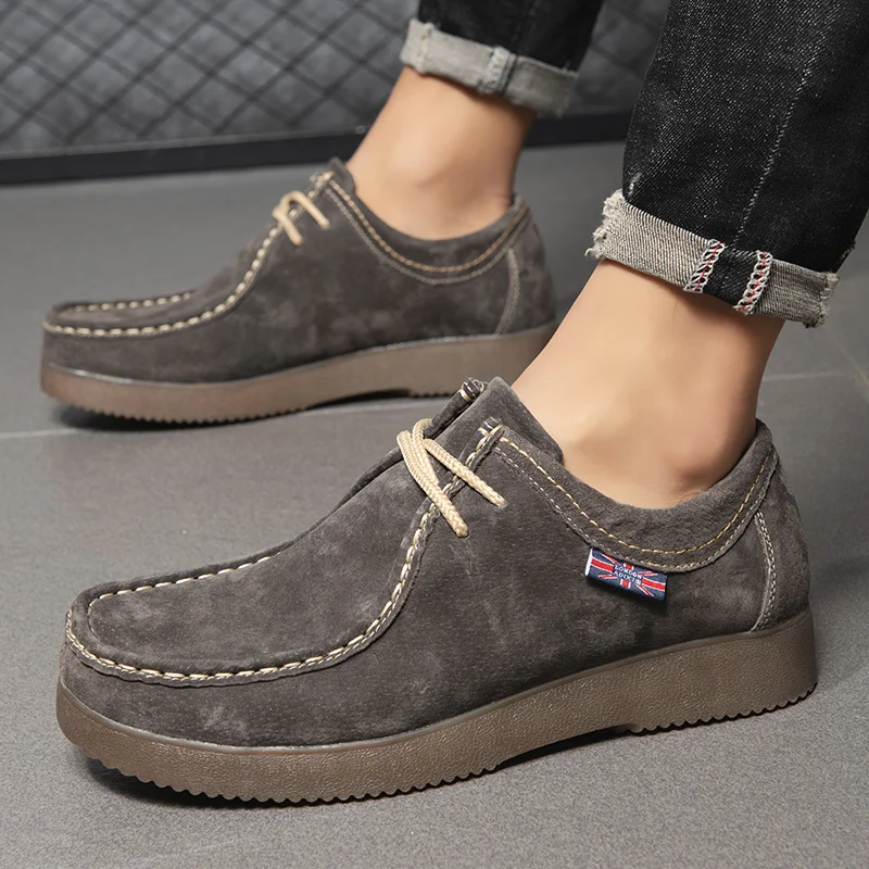 Fashion Lace-up High Quality Cow Suede Leather Men Comfortable Driving Shoe Flats Men Outdoor Oxfords Classic Retro Casual Shoes