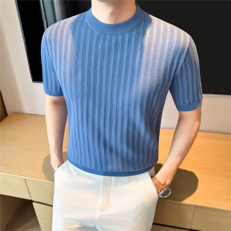 Summer Round Neck Short Sleeved T-shirt for Men Hollowed Out Knitted Breathable Base Shirt Solid Color Casual Business T-shirts
