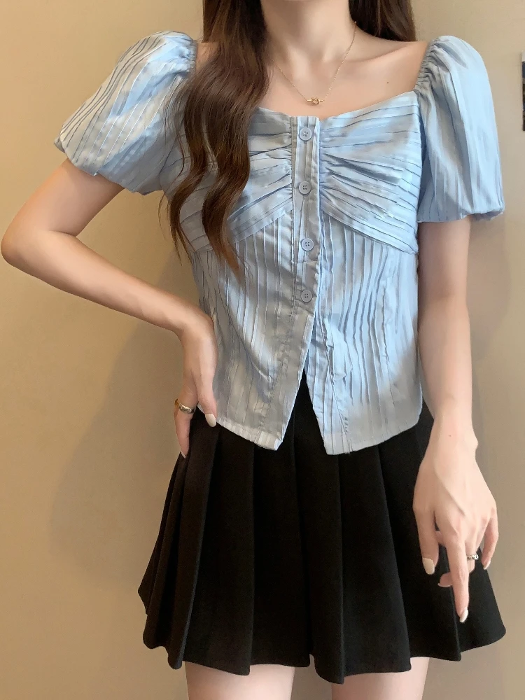 

Slimming Bubble Short Sleeve Shirt Women's Summer Large Size Fashionable Square Collar Top Korean Style Commute Wind Shirt