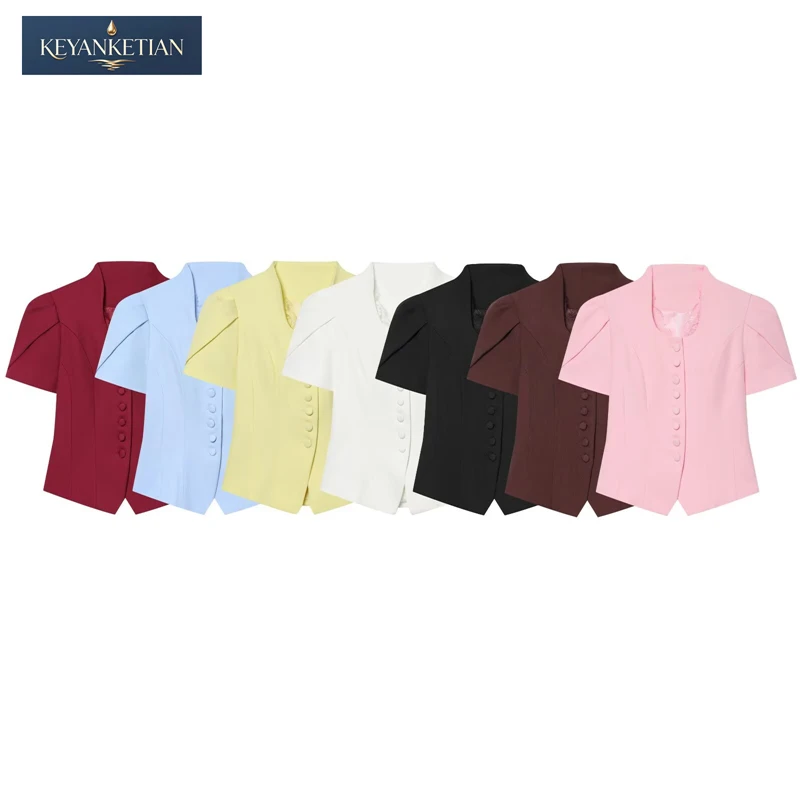 

KEYANKETIAN 2026 Summer French Elegant Tailored Blazer Slim Fit Lace Stand Collar & Structured Puff Sleeves Short Coat