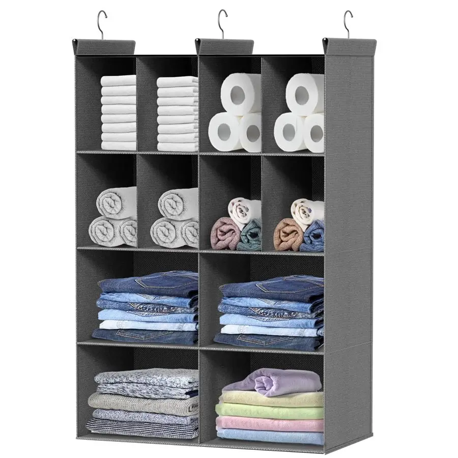 

Tier Hanging Closet Organizer, 12 Compartments Sweater Organizer for Closet with 3 Sturdy Hooks, Closet Organizers and Storage,
