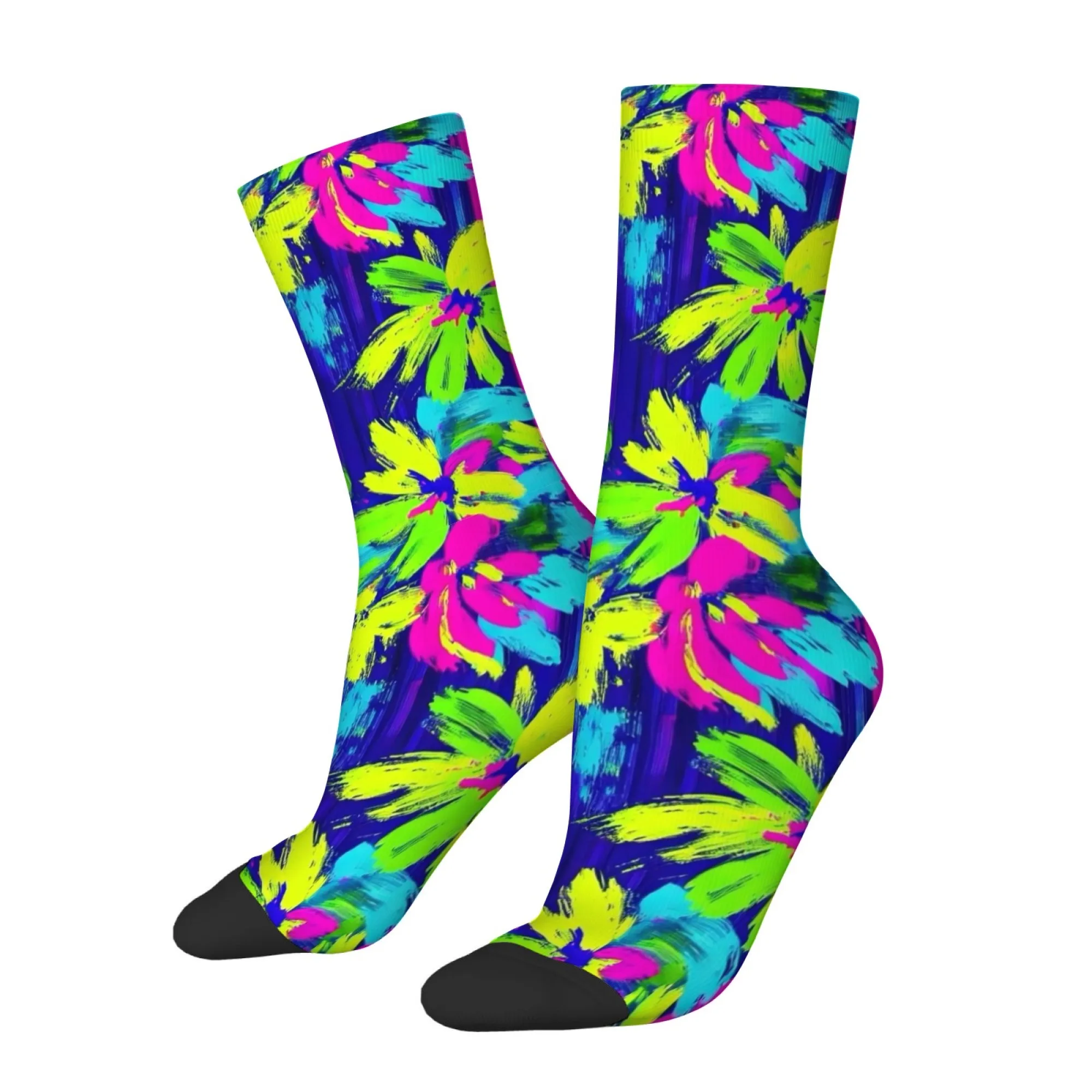 Retro-style Vibrant Neon Floral Socks Abstract Art Print Mid-calf Socks Trendy Street Style Comfortable and Durable Socks