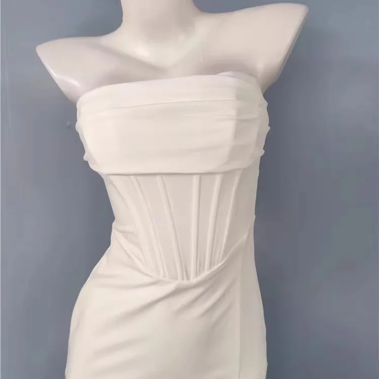 فستان سهرة طويل عالي الخصر مع تصميم من الألياف مع فتحة جانبية للتخسيس والخصر مطوي على شكل حرف A للنساء