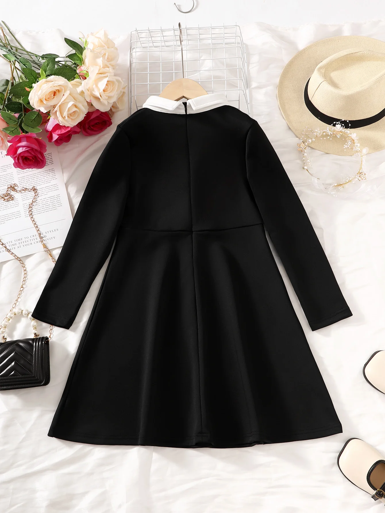 5-12 Years Children Girl Dress Doll Collar Black Long Sleeved Dresser Spring&Autumn Hepburn Style Fashion Clothes For Kids Girls