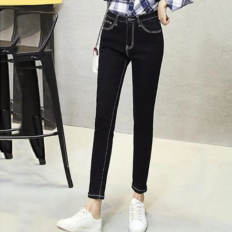 Hohe Taille Slim Fit Bla Denim Jeans Damen Bright Tead Kontrastfarbe Frühling Herbst Baumwolle Stretch Reißverschluss Bleistifthose