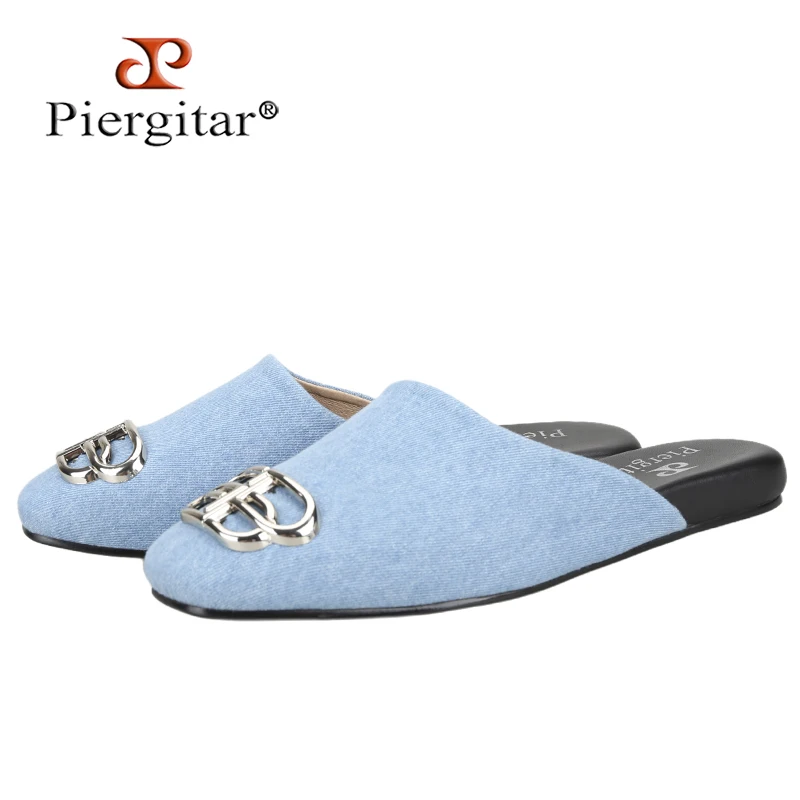 Piergitar New Model Light Blue Denim Men's Mule With Sliver Metals Buckles French Luxury Brand Handmade Fashion Slip-On Slippers