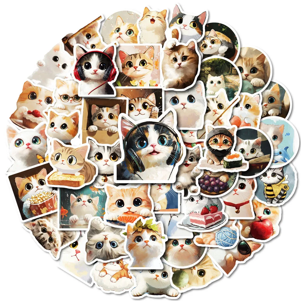 50Pcs Oil Painting Style Cat Doodle Stickers, Cute Round-Faced Kitten Waterproof Decals for DIY Decor RecordingYourLife Store