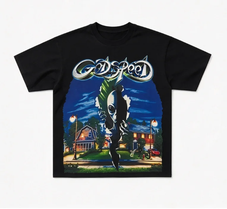 2026 new Vintage Alien Break Through House Poster Graphic T Shirt Unisex Black Short Sleeve  Streetwear Casual Loose Daily Top