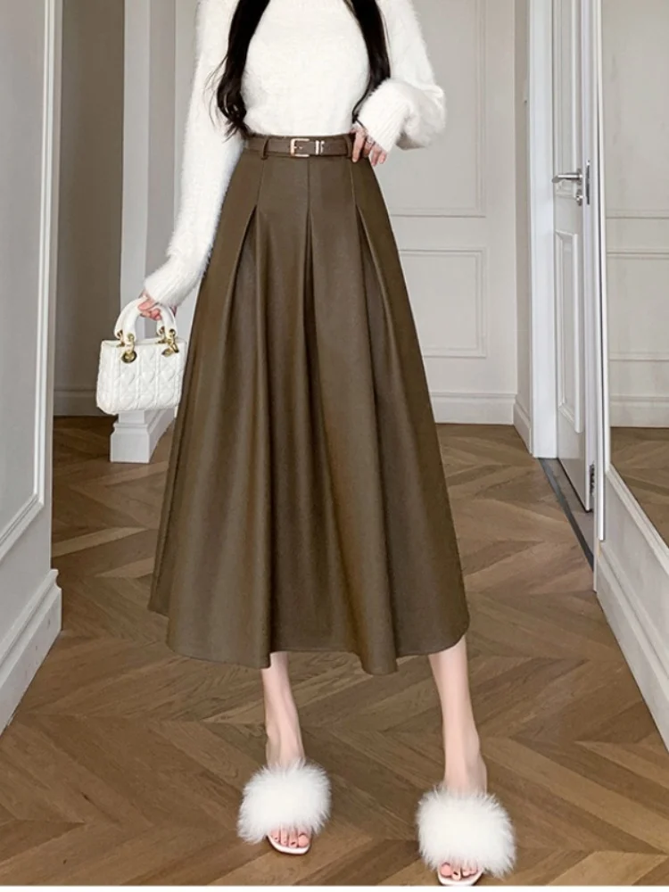 

Women's PU Leather Skirt 2024 Autumn Winter Elegant OL Long Saias Fashion Solid Mujer Faldas Casual High Waist Jupe With Belt