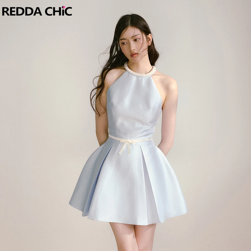 REDDACHiC レディース パール ホルター パーティードレス エレガント サテン オフショルダー リボン プリーツ ミニドレス 卒業式 フォーマル 夏 ワンピース
