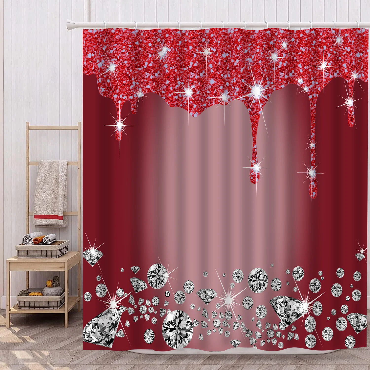 1Pc sparkling diamond waterproof shower curtain, elegant luxurious bathroom decor, with 12 plastic hooks