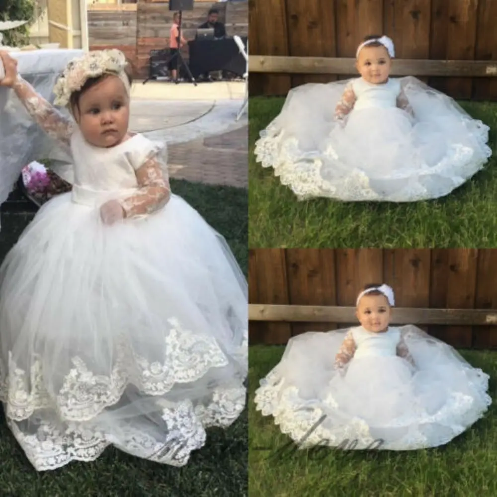 

Baby Girl Christening Gowns Newborn Baptism Lace Princess Infant Long Trailing Dress 1Year Birthday Party Wear