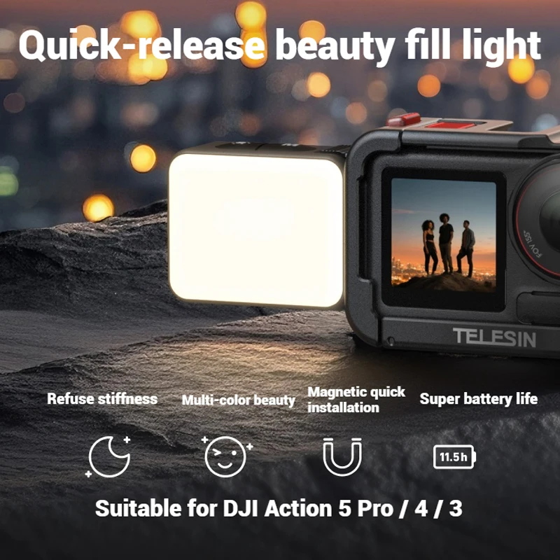 TELESINミニフィルライト自撮りライトクイックリリース防水DJI OSMO Action 2 3 4 5proミニ自撮りライトアクションカメラ用