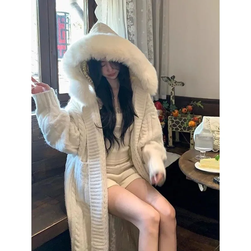 

2025Осенне-зимний свитер с капюшоном, женский кардиган, утепленная длинная куртка, женская свободная простая повседневная женская трикотажная одежда