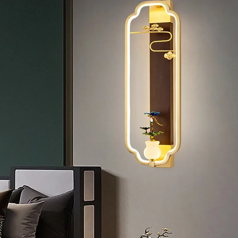 Lampu dinding Cina baru, lampu dinding latar belakang TV ruang tamu, gaya Cina baru yang seluruhnya terbuat dari tembaga, lorong masuk kamar tidur, lampu samping tempat tidur