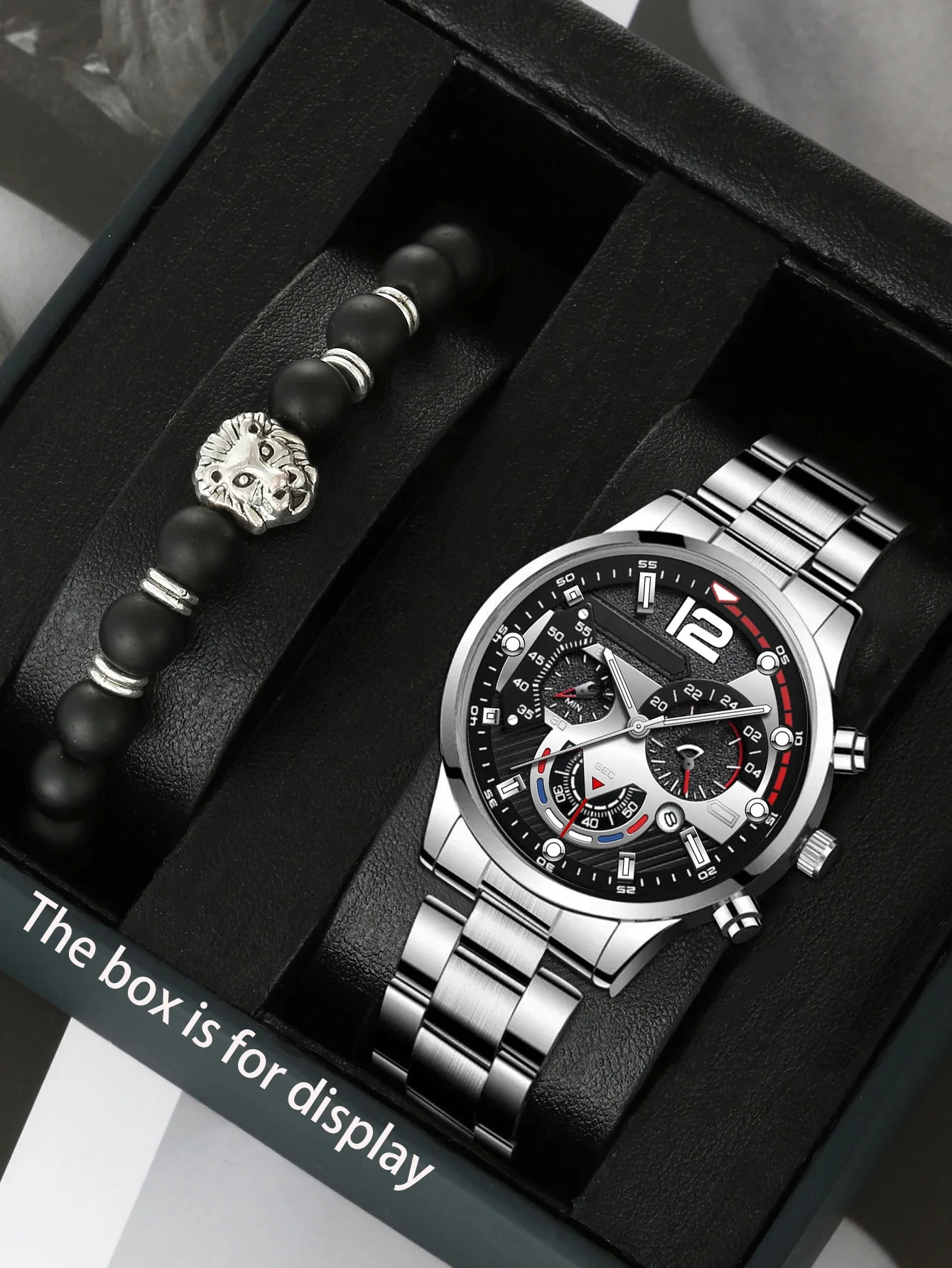 2pcs Trend Metal Watch Strap Trinocular Dial Quartz Watch Handsome Lion Head Bracelet