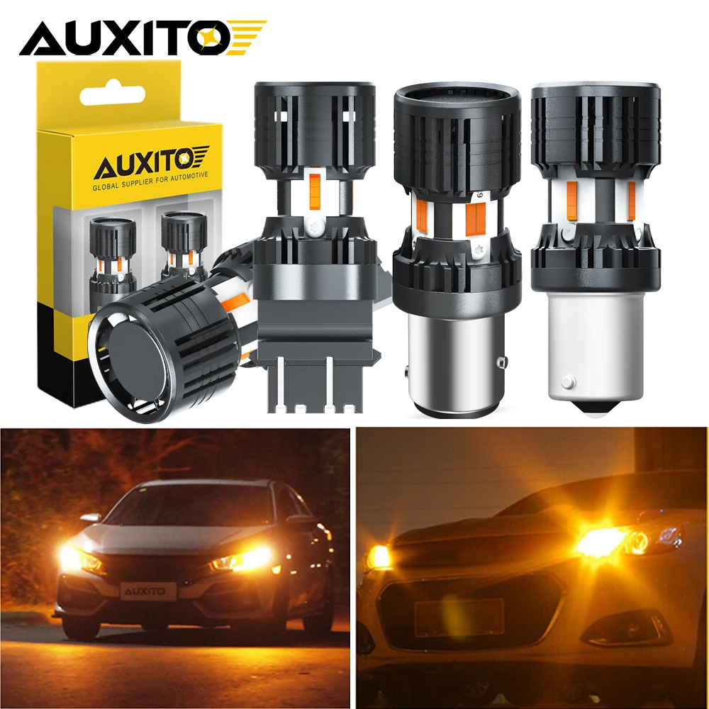 2Pcs AUXITO T20 7440 W21W WY21W LED Bulb Canbus Amber 1156 P21W BA15S PY21W BAU15S 3157 T25 P27/7W LED Turn Signal Lamp With Fan