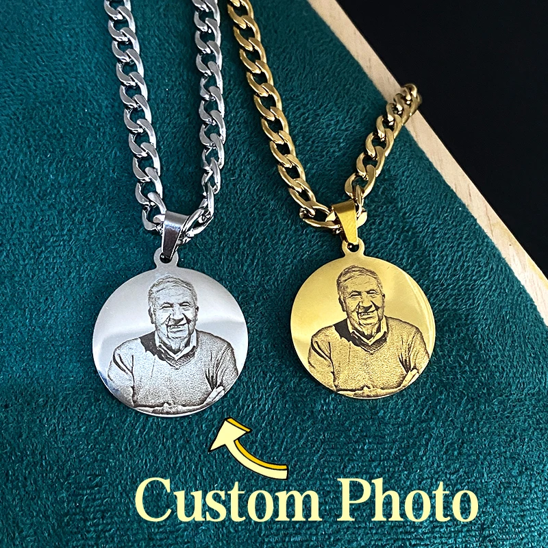 Cuban Link Chain Circle Pendant Custom Photo Image Necklace 