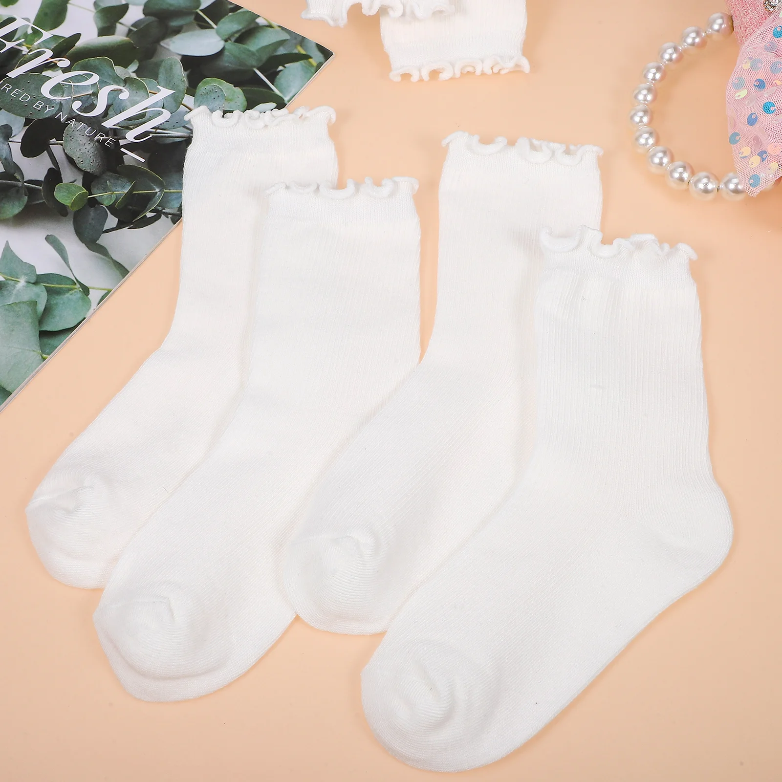 3 Pairs Fungus Socks Crew Frilly Ruffle Ankle Turn White Cute Girls Women for With Ruffles Women's