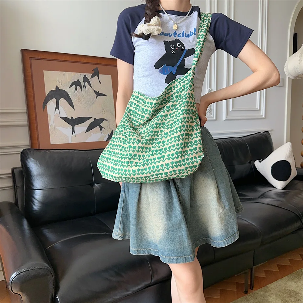 

Floral Canvas Shoulder Bag For Woman Flower Print Shopping Tote Versatile Open Top No Lining Spring Summer Crossbody Bag